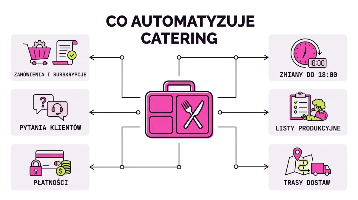 Co automatyzuje catering dietetyczny: zamówienia i subskrypcje, zmiany diet, listy produkcyjne, trasy dostaw, płatności