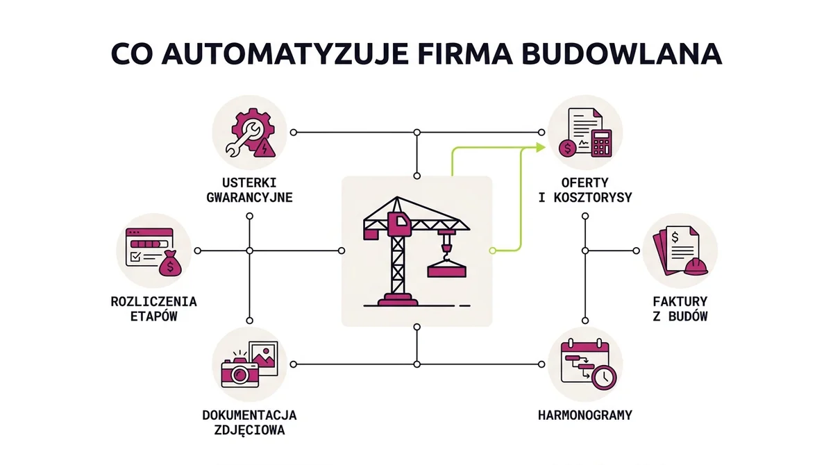 Co automatyzuje firma budowlana: oferty i kosztorysy, faktury kosztowe, harmonogramy, dokumentacja zdjęciowa, rozliczenia etapów