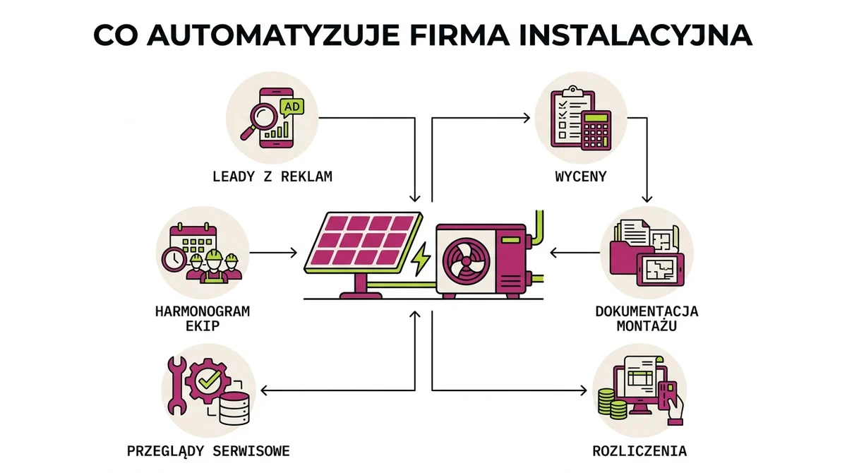 Co automatyzuje firma instalacyjna: leady z reklam, wyceny, harmonogram ekip, dokumentacja montażu, przeglądy serwisowe