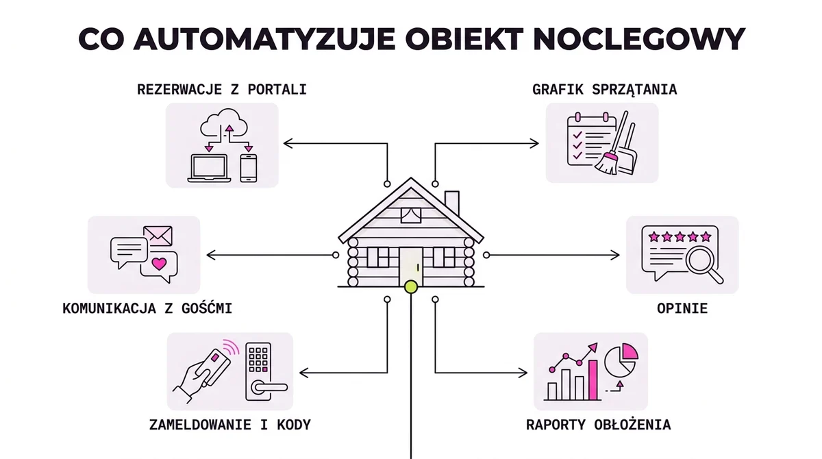 Co automatyzuje obiekt noclegowy: rezerwacje z wielu portali, komunikacja z gośćmi, zameldowanie, sprzątanie, opinie