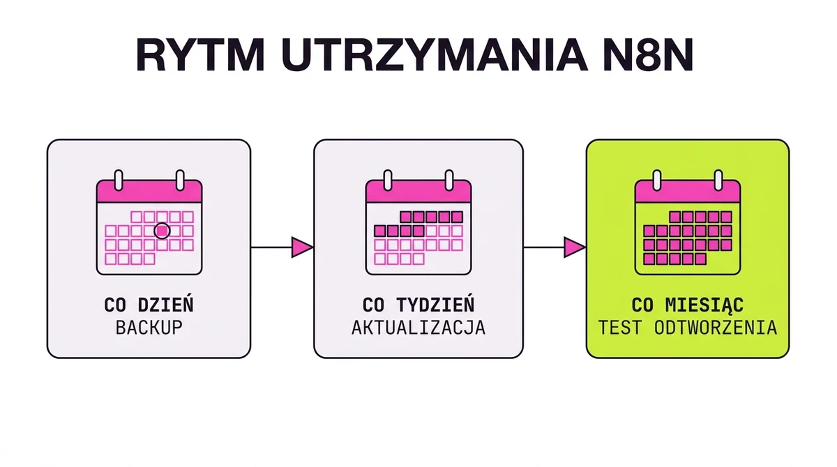 Rytm utrzymania n8n: codzienny backup, cotygodniowa aktualizacja, comiesięczny test odtworzenia