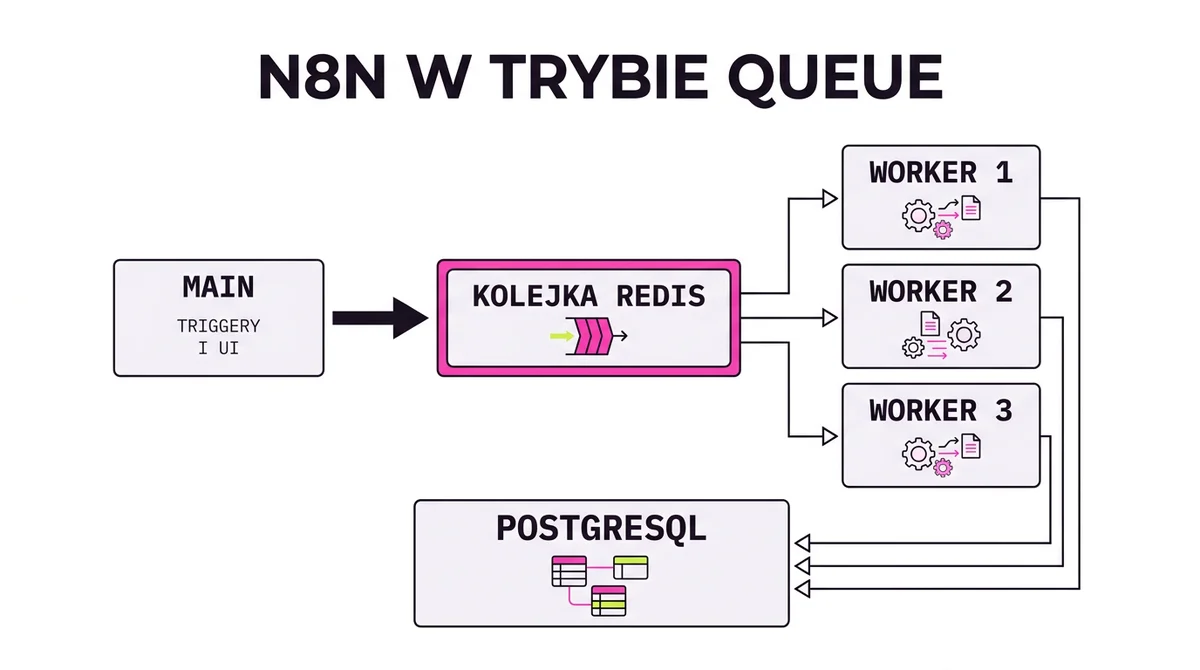 Architektura n8n w trybie kolejkowym: instancja główna, kolejka Redis, workery i wspólny PostgreSQL