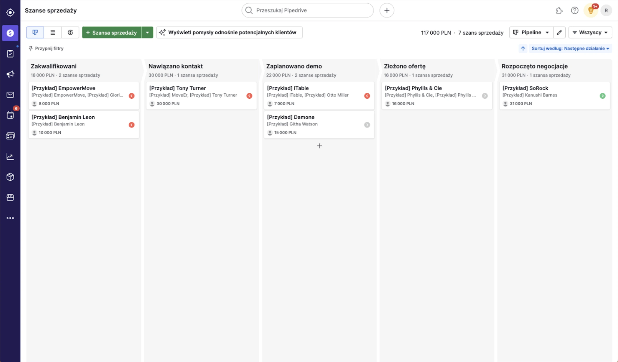 Widok listy leadów w Pipedrive