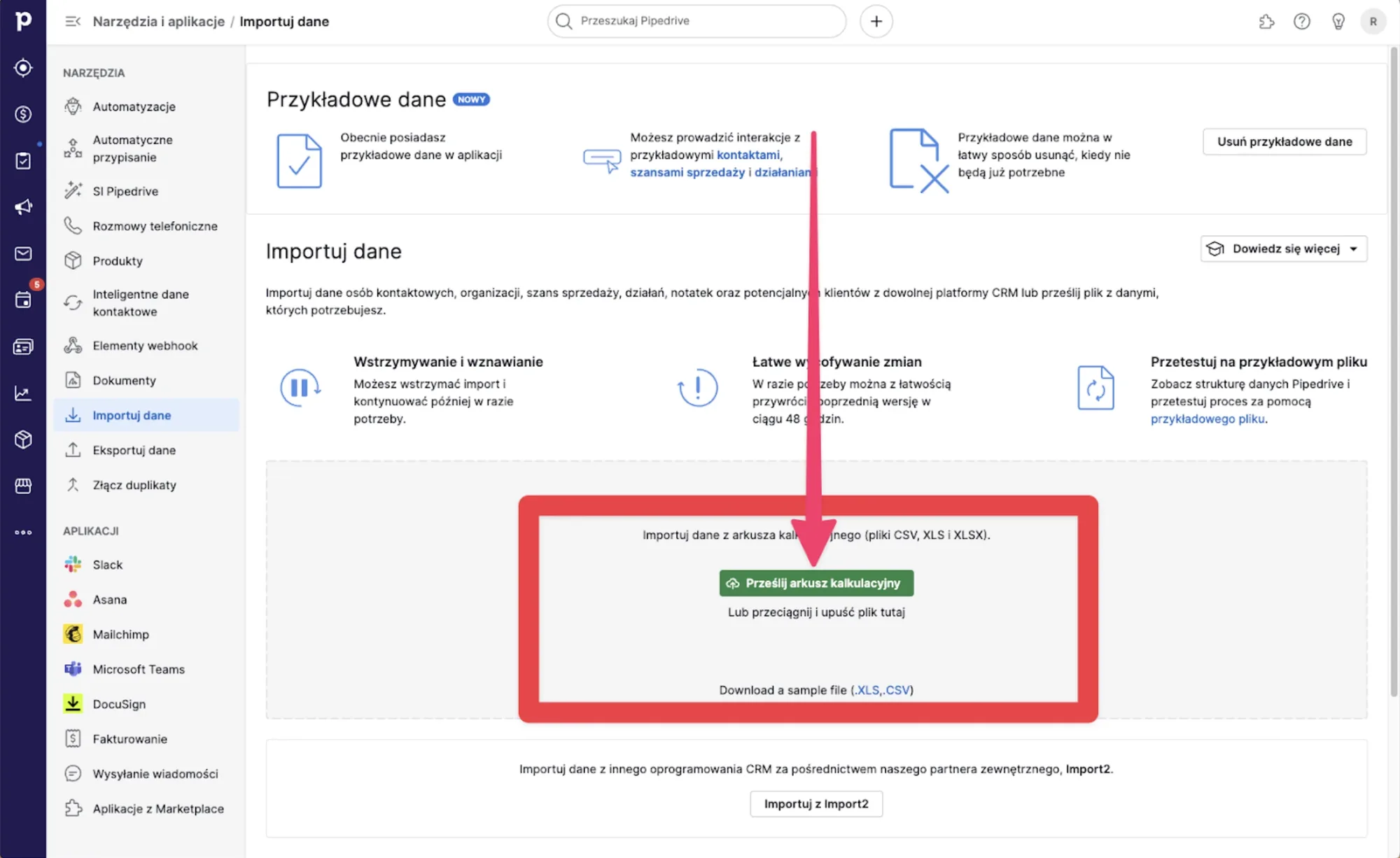 Okno importu arkusza w Pipedrive