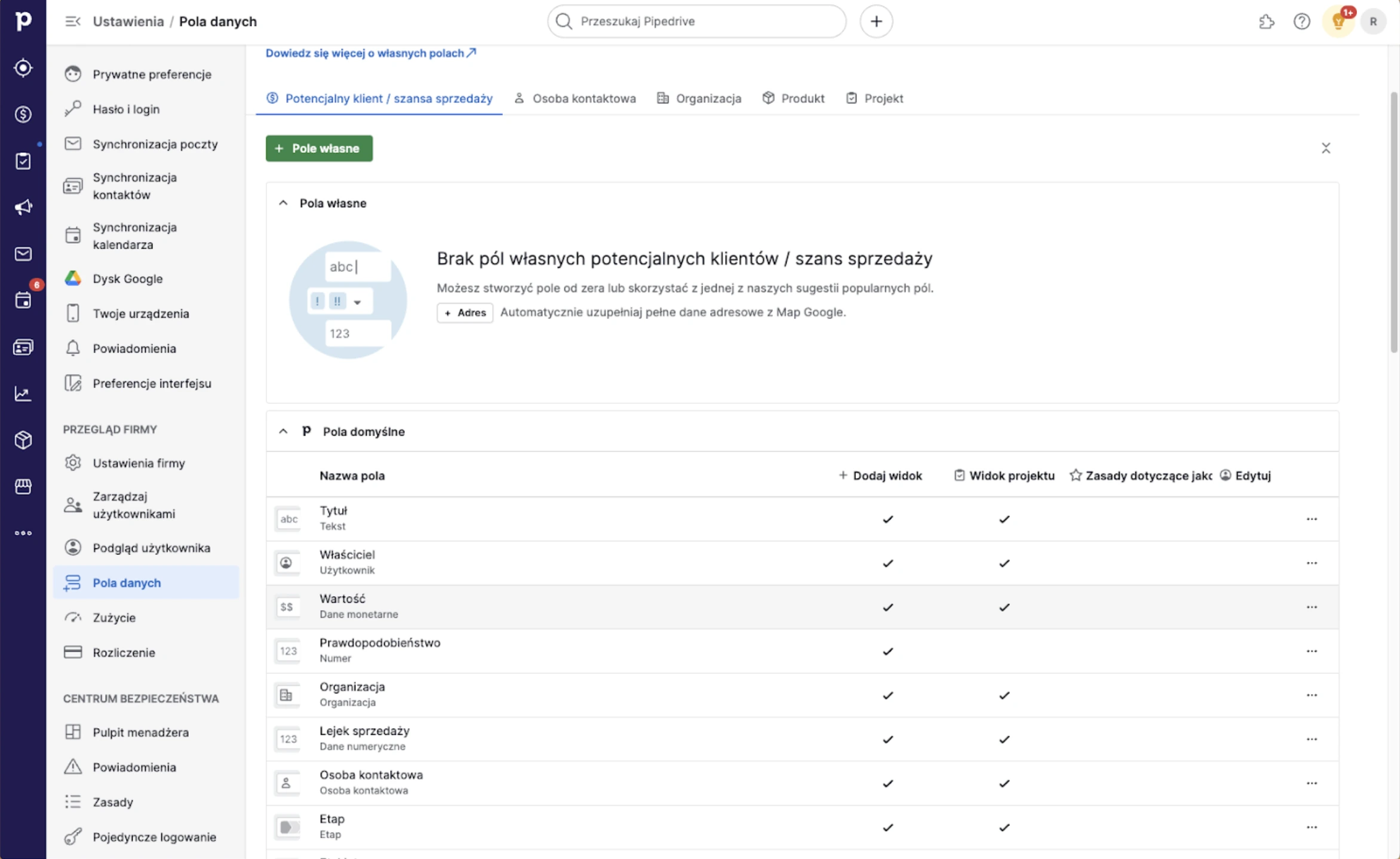 Niestandardowe pola w Pipedrive