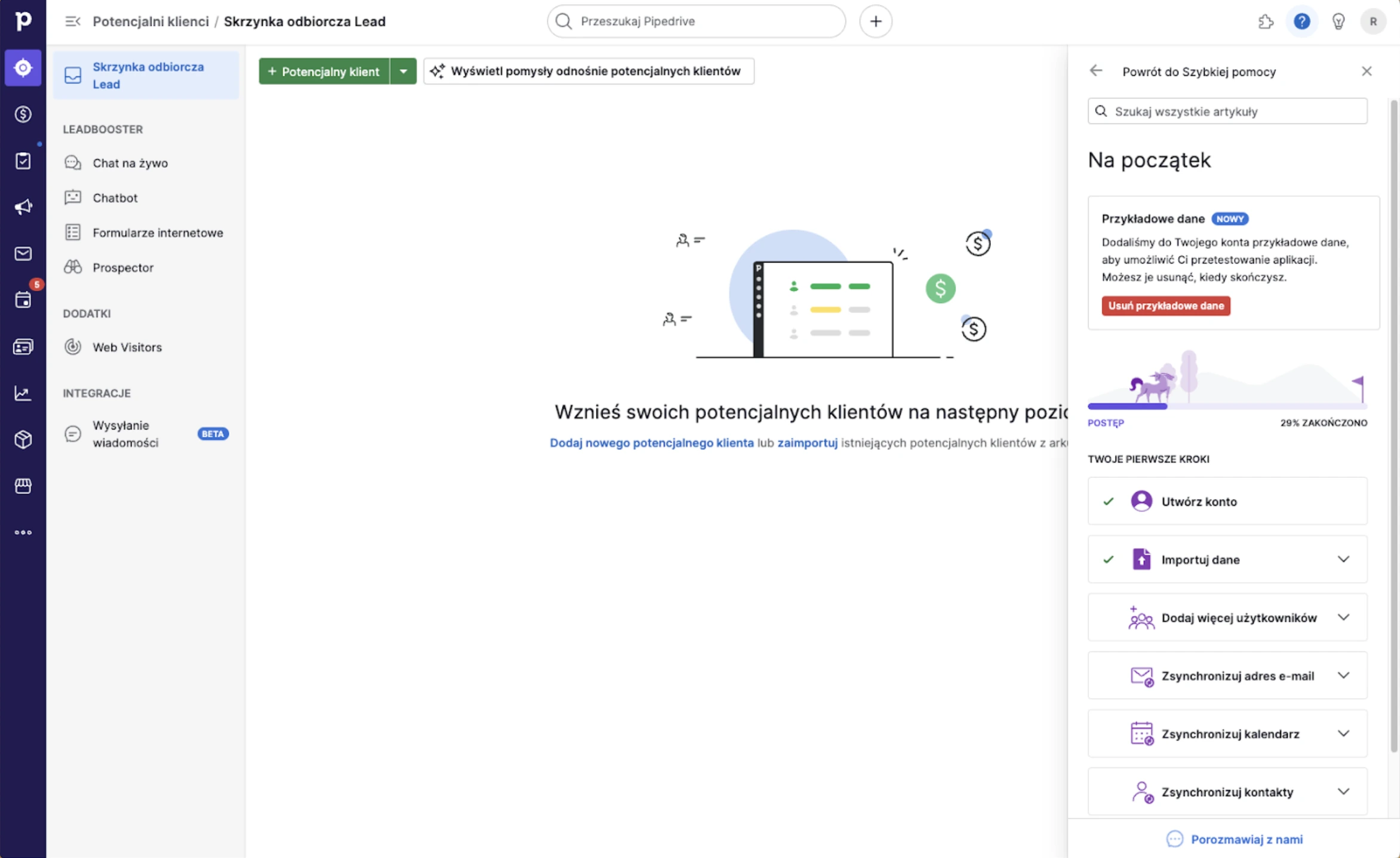 Dashboard Pipedrive po rejestracji